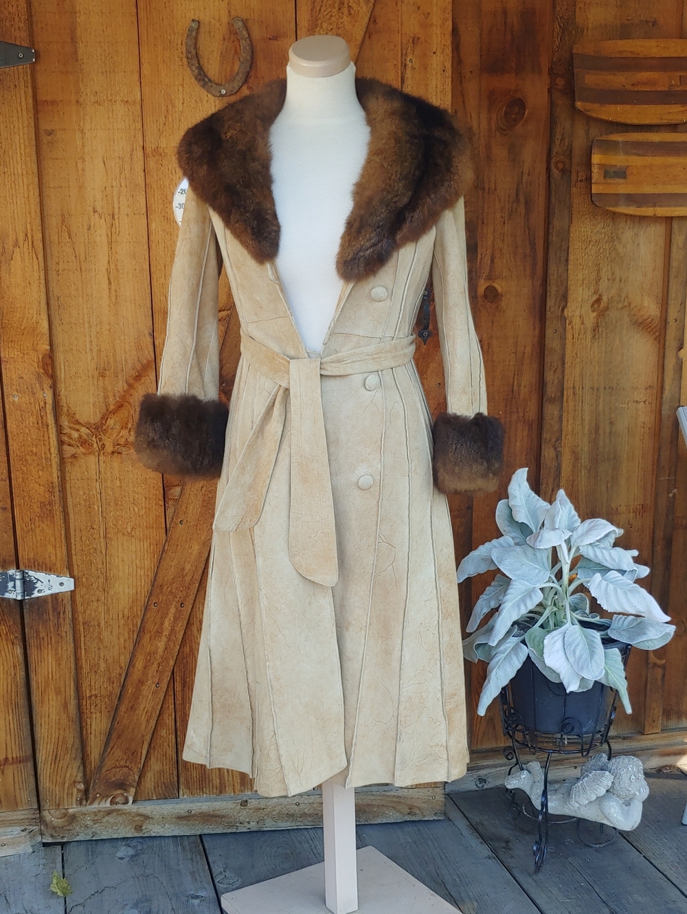 Classic Vintage Beige Suede Trench Coat with Fur Trim